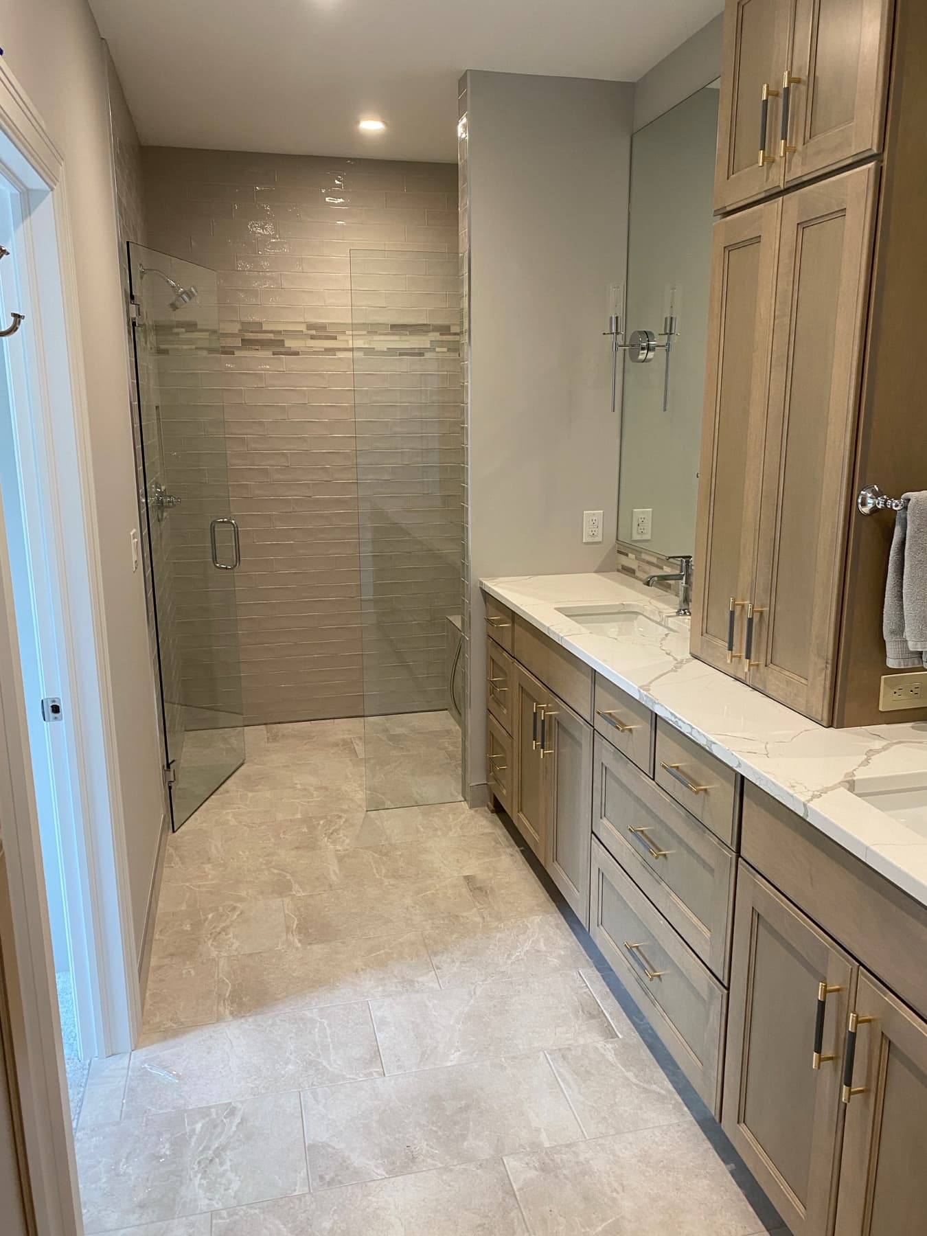 Light Stone Vanity with Wood Cabinetry